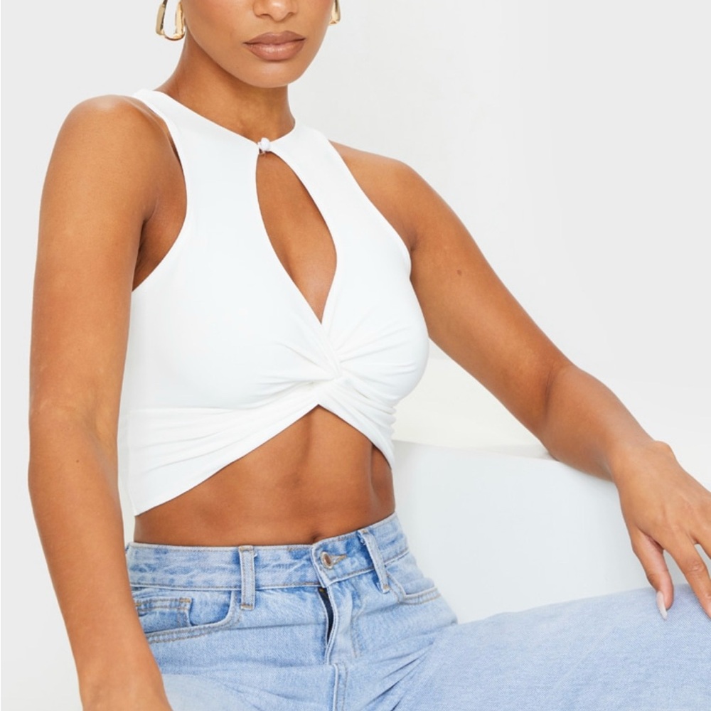 PrettyLittleThing White Slinky Cross Front Key Hole Crop Top